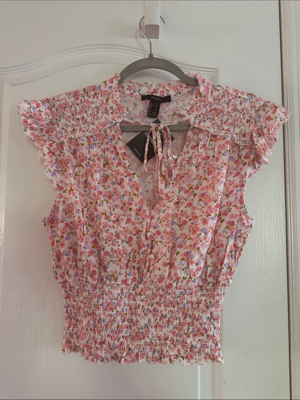 Forever 21 Pink Floral Smocked Cap-Sleeve Top